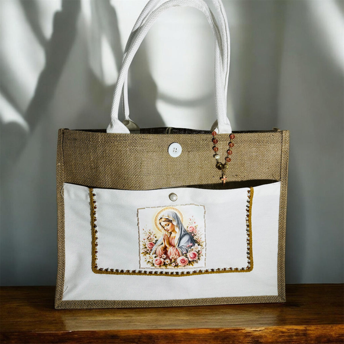 This handmade religious tote bag