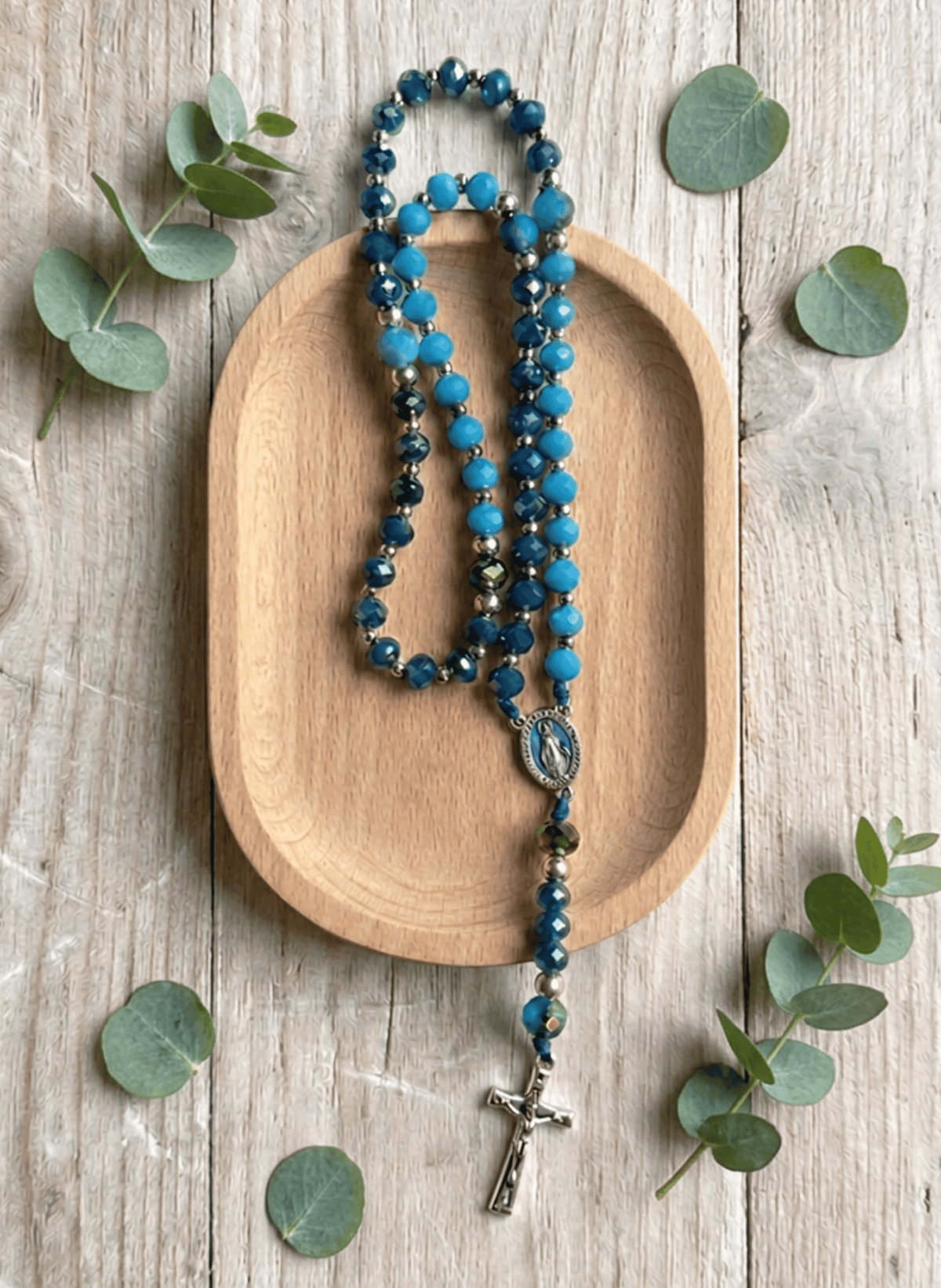 Handmade Blue Faceted Crystal Rosary • Silver Crucifix & Miraculous Medal