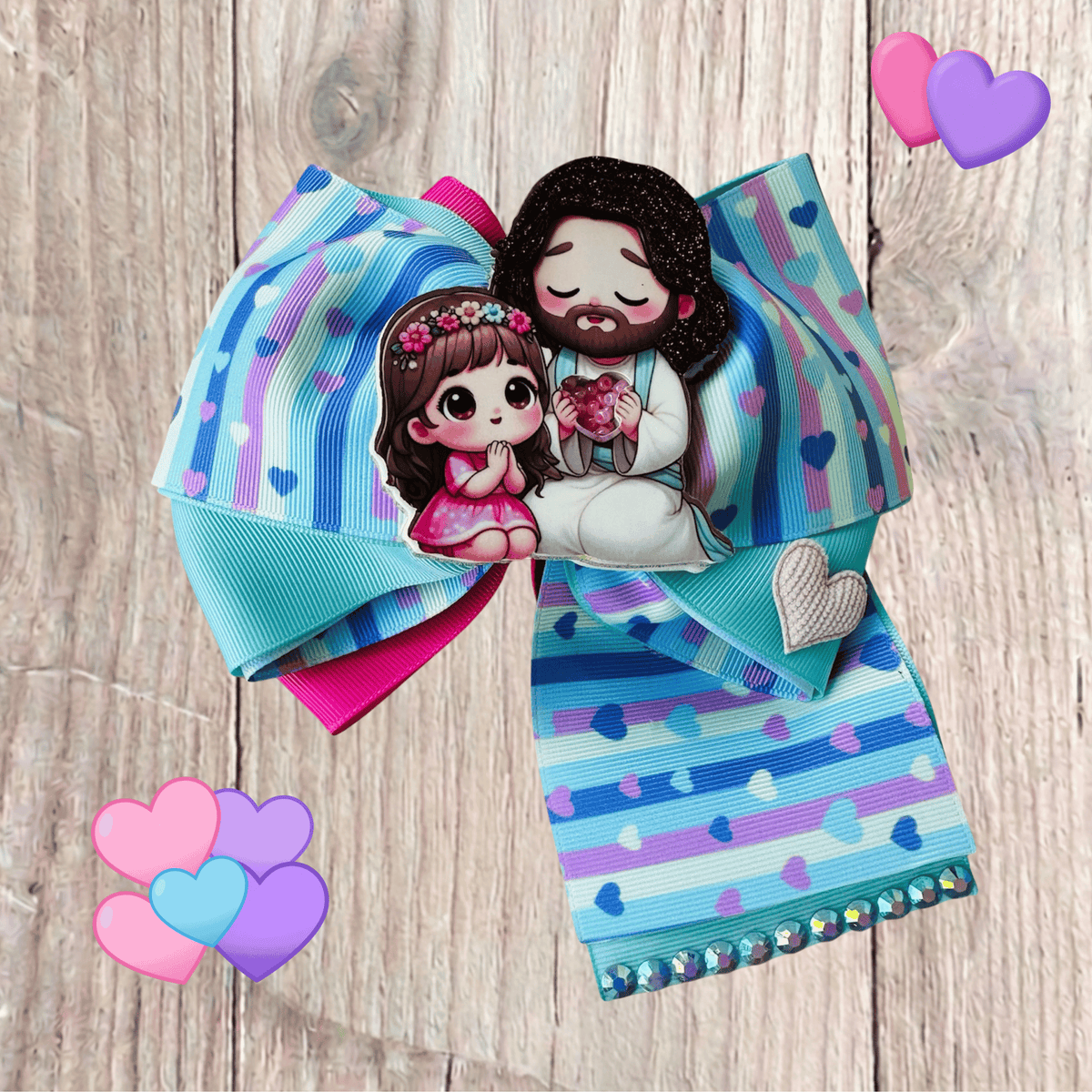 Handmade Jesus &amp; Little Girl Hair Bow | Religious Christian Hair Accessory with Rhinestones &amp; Glitter Accents&nbsp;