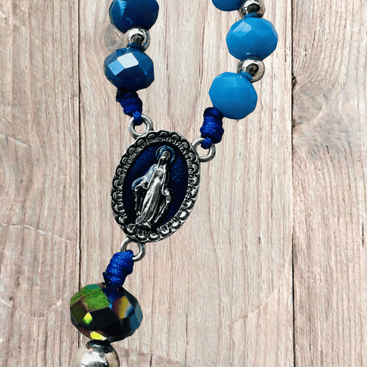 Handmade Blue Faceted Crystal Rosary • Silver Crucifix & Miraculous Medal